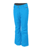 A pair of blue insulated pants for women, featuring a full zipper, adjustable waistband, and reinforced crotch construction.