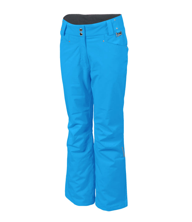 A pair of blue insulated pants for women, featuring a full zipper, adjustable waistband, and reinforced crotch construction.