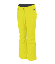 A pair of yellow insulated pants for women, featuring a full zipper, adjustable waistband, and reinforced crotch construction.