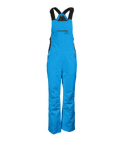 A pair of blue insulated bib pants with black suspenders, featuring multiple pockets and snap closures, designed for women's winter wear.