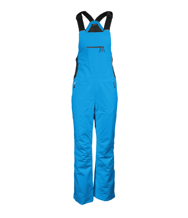 A pair of blue insulated bib pants with black suspenders, featuring multiple pockets and snap closures, designed for women's winter wear.