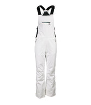 A pair of white insulated bib pants with black suspenders, featuring multiple pockets and snap closures, designed for women's winter wear.
