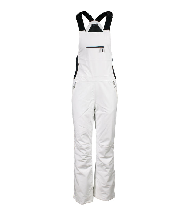 A pair of white insulated bib pants with black suspenders, featuring multiple pockets and snap closures, designed for women's winter wear.