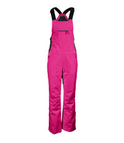 A pair of pink insulated bib pants with black suspenders, featuring multiple pockets and snap closures, designed for women's winter wear.