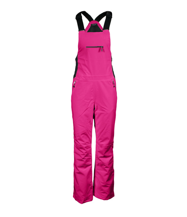A pair of pink insulated bib pants with black suspenders, featuring multiple pockets and snap closures, designed for women's winter wear.