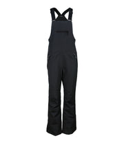 A pair of black insulated bib pants with black suspenders, featuring multiple pockets and snap closures, designed for women's winter wear.