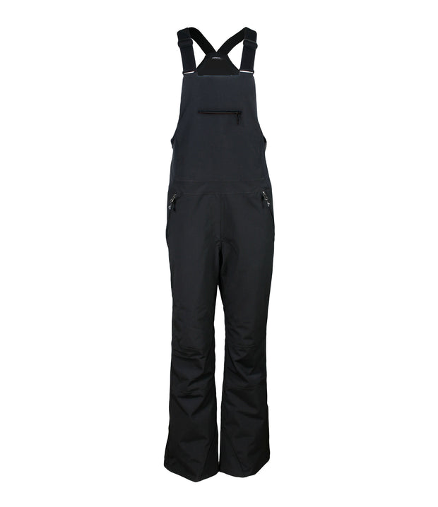 A pair of black insulated bib pants with black suspenders, featuring multiple pockets and snap closures, designed for women's winter wear.