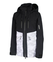 A two-tone insulated jacket with a black hood, shoulders, upper chest, and upper sleeves, paired with a grey and white camo pattern body and lower sleeves. The jacket features a front zip closure, two zippered chest pockets, and two side zip pockets, with an adjustable hood.