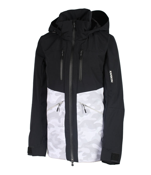 A two-tone insulated jacket with a black hood, shoulders, upper chest, and upper sleeves, paired with a grey and white camo pattern body and lower sleeves. The jacket features a front zip closure, two zippered chest pockets, and two side zip pockets, with an adjustable hood.