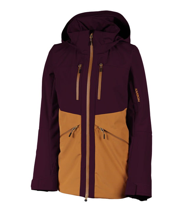 A two-tone insulated jacket with a dark purple hood, shoulders, upper chest, and upper sleeves, paired with a brown body and lower sleeves. The jacket features a front zip closure, two zippered chest pockets, and two side zip pockets, with an adjustable hood.