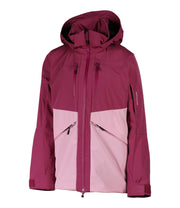 A two-tone insulated jacket with a dark pink hood, shoulders, upper chest, and upper sleeves, paired with a light pink body and lower sleeves. The jacket features a front zip closure, two zippered chest pockets, and two side zip pockets, with an adjustable hood.