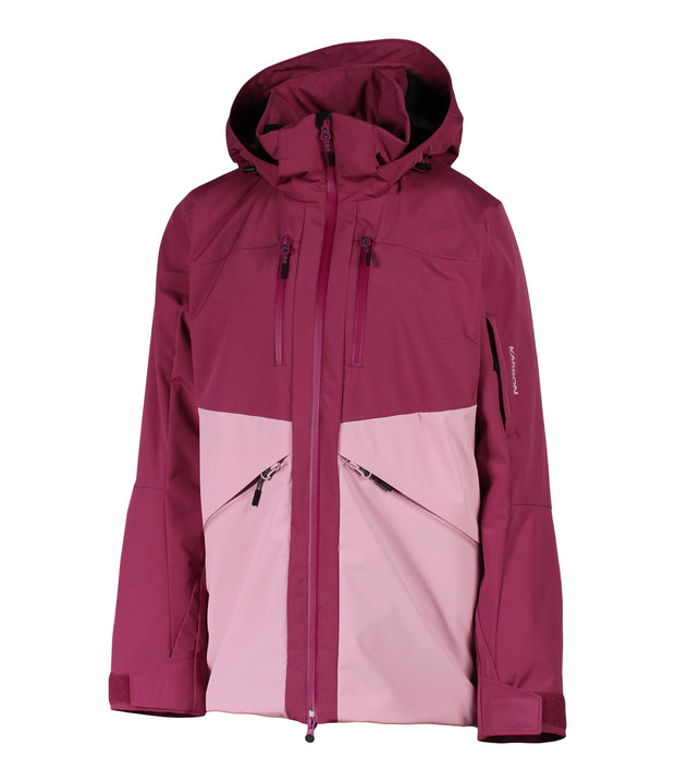 A two-tone insulated jacket with a dark pink hood, shoulders, upper chest, and upper sleeves, paired with a light pink body and lower sleeves. The jacket features a front zip closure, two zippered chest pockets, and two side zip pockets, with an adjustable hood.