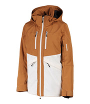 A two-tone insulated jacket with a brown hood, shoulders, upper chest, and upper sleeves, paired with a beige body and lower sleeves. The jacket features a front zip closure, two zippered chest pockets, and two side zip pockets, with an adjustable hood.