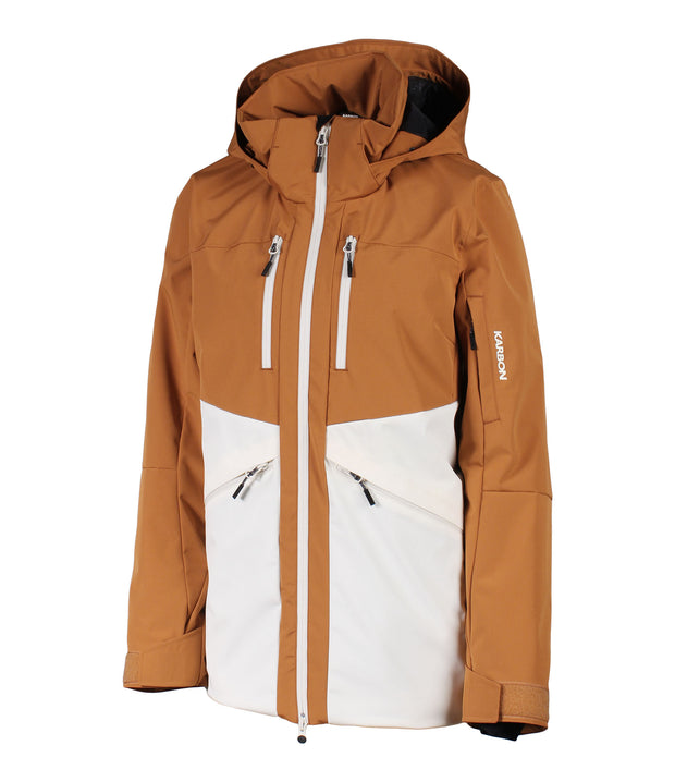 A two-tone insulated jacket with a brown hood, shoulders, upper chest, and upper sleeves, paired with a beige body and lower sleeves. The jacket features a front zip closure, two zippered chest pockets, and two side zip pockets, with an adjustable hood.