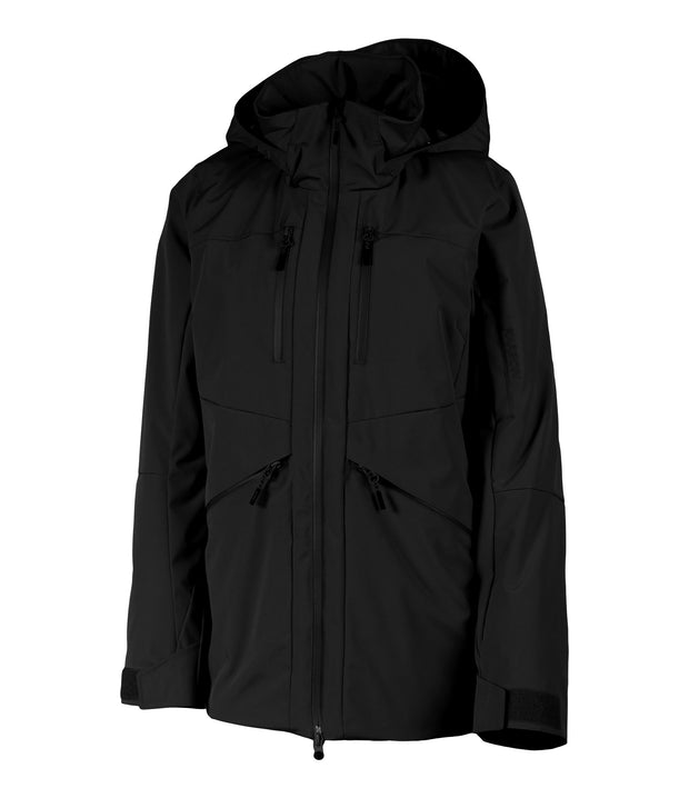 A women's black insulated jacket featuring a front zip closure, two zippered chest pockets, a sleeve pocket and two side zip pockets with an adjustable hood.