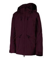 A women's maroon insulated jacket featuring a front zip closure, two zippered chest pockets, a sleeve pocket and two side zip pockets with an adjustable hood.