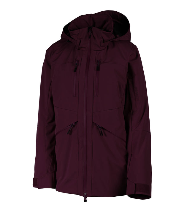 A women's maroon insulated jacket featuring a front zip closure, two zippered chest pockets, a sleeve pocket and two side zip pockets with an adjustable hood.