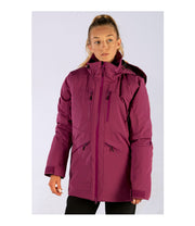 A woman waring a purple insulated jacket featuring a front zip closure, two zippered chest pockets, a sleeve pocket and two side zip pockets with an adjustable hood.