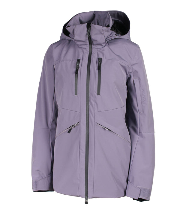 A women's purple insulated jacket featuring a front zip closure, two zippered chest pockets, a sleeve pocket and two side zip pockets with an adjustable hood.