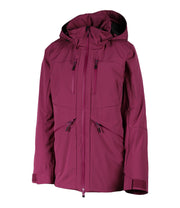 A women's purple insulated jacket featuring a front zip closure, two zippered chest pockets, a sleeve pocket and two side zip pockets with an adjustable hood.