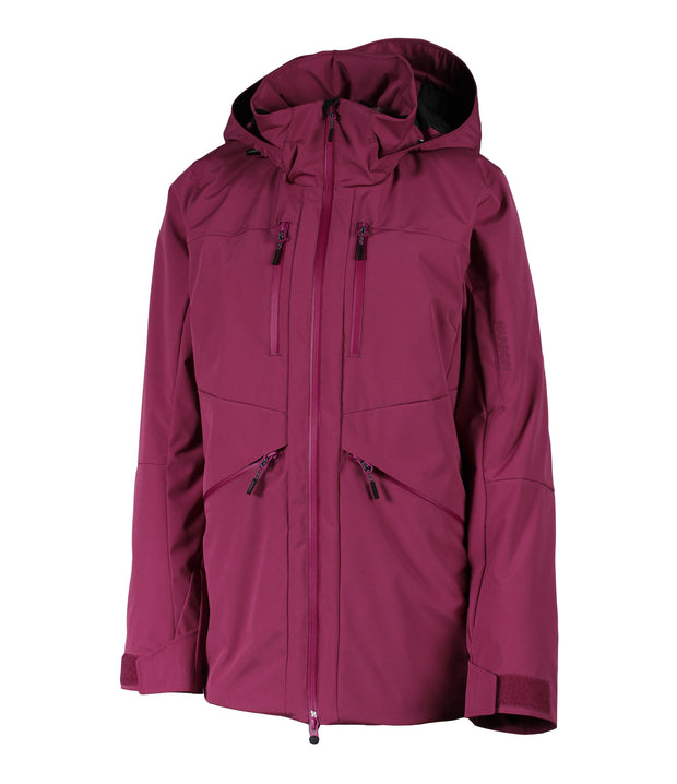 A women's purple insulated jacket featuring a front zip closure, two zippered chest pockets, a sleeve pocket and two side zip pockets with an adjustable hood.