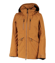 A women's brown insulated jacket featuring a front zip closure, two zippered chest pockets, a sleeve pocket and two side zip pockets with an adjustable hood.