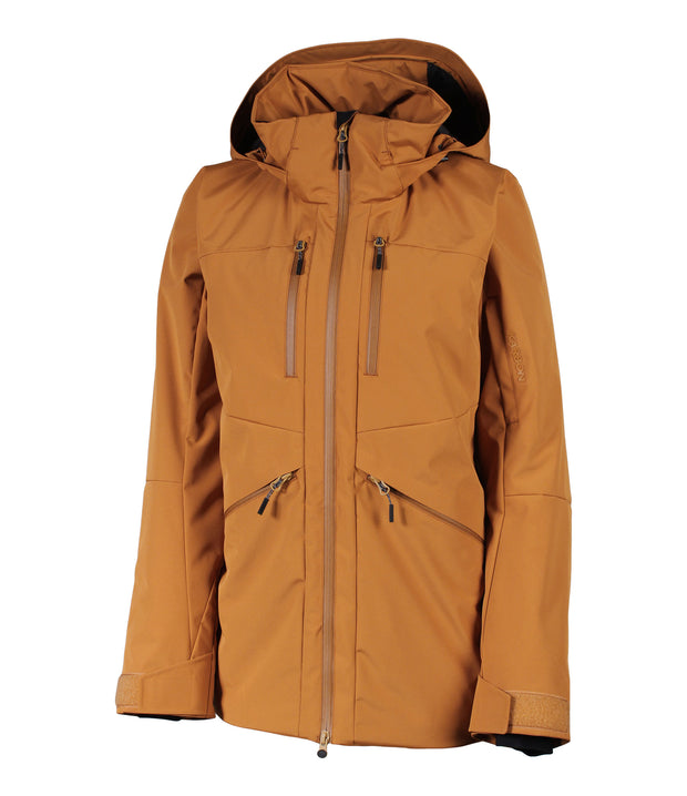 A women's brown insulated jacket featuring a front zip closure, two zippered chest pockets, a sleeve pocket and two side zip pockets with an adjustable hood.