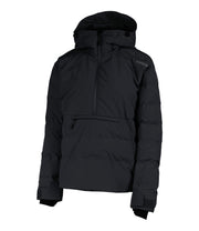 A women's black anorak with a hood, half zip front, a zippered kangaroo pocket and zippered side pockets.