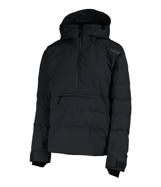 A women's black anorak with a hood, half zip front, a zippered kangaroo pocket and zippered side pockets.