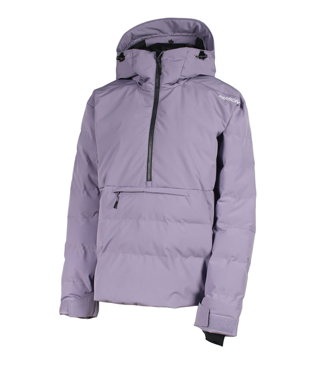 A women's purple anorak with a hood, half zip front, a zippered kangaroo pocket and zippered side pockets.