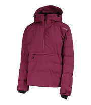 A women's maroon anorak with a hood, half zip front, a zippered kangaroo pocket and zippered side pockets.