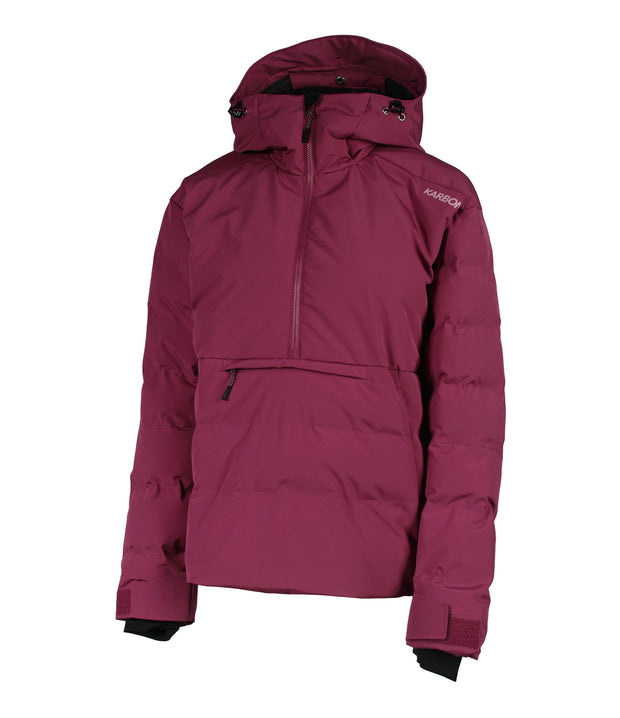 A women's maroon anorak with a hood, half zip front, a zippered kangaroo pocket and zippered side pockets.