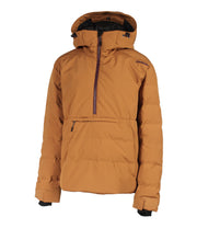 A women's brown anorak with a hood, half zip front, a zippered kangaroo pocket and zippered side pockets.