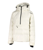 A women's white anorak with a hood, half zip front, a zippered kangaroo pocket and zippered side pockets.