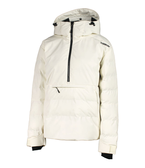 A women's white anorak with a hood, half zip front, a zippered kangaroo pocket and zippered side pockets.
