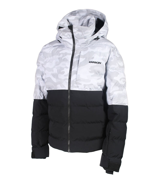 Black and white jacket with camouflage pattern, featuring a front zip closure, zippered chest pocket, and two side zip pockets, with an a hood.