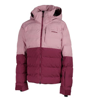 A two-toned women's insulated puffer with pink upper body and maroon lower body, featuring a front zip closure, zippered chest pocket, and two side zip pockets, with an a hood.