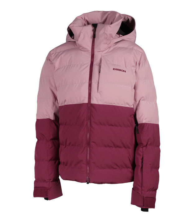A two-toned women's insulated puffer with pink upper body and maroon lower body, featuring a front zip closure, zippered chest pocket, and two side zip pockets, with an a hood.