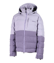 A two-toned women's insulated puffer with light purple upper body and darker purple lower body, featuring a front zip closure, zippered chest pocket, and two side zip pockets, with an a hood.