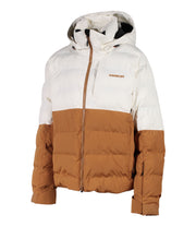 A two-toned women's insulated puffer with beige upper body and brown lower body, featuring a front zip closure, zippered chest pocket, and two side zip pockets, with an a hood.