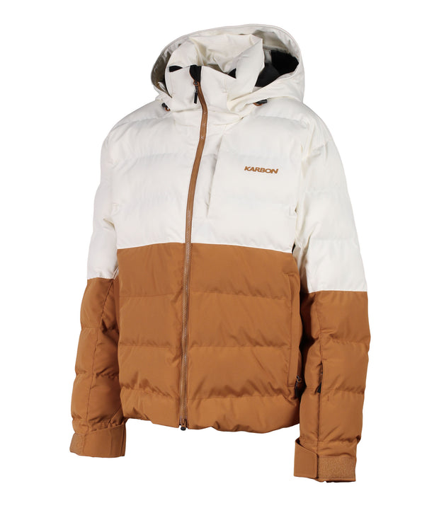 A two-toned women's insulated puffer with beige upper body and brown lower body, featuring a front zip closure, zippered chest pocket, and two side zip pockets, with an a hood.
