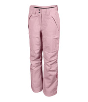 A pair of women's pink ski pants with zippered hand pockets, and an adjustable waistband with belt loops.