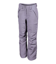 A pair of women's purple ski pants with zippered hand pockets, and an adjustable waistband with belt loops.
