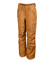 A pair of women's brown ski pants with zippered hand pockets, and an adjustable waistband with belt loops.