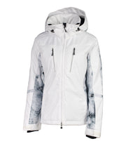 A white insulated ski jacket with black and white pattern accents, featuring a hood, zip pockets, and a snow skirt.