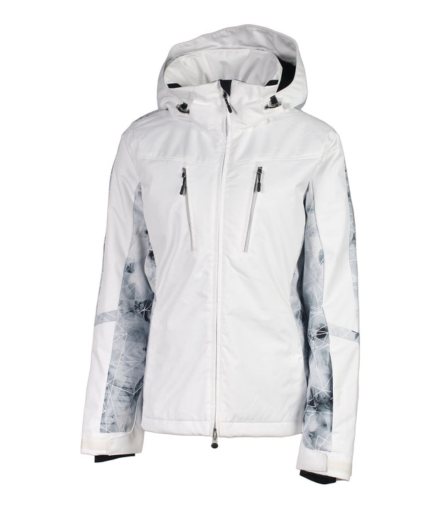 A white insulated ski jacket with black and white pattern accents, featuring a hood, zip pockets, and a snow skirt.