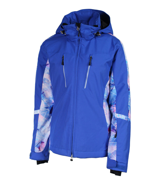 A blue insulated ski jacket with blue, pink, and white pattern accents, featuring a hood, zip pockets, and a snow skirt.