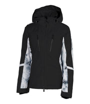 A black insulated ski jacket with black and white pattern accents, featuring a hood, zip pockets, and a snow skirt.