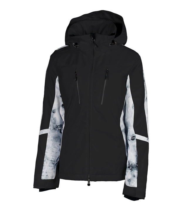 A black insulated ski jacket with black and white pattern accents, featuring a hood, zip pockets, and a snow skirt.