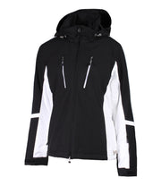 A black insulated ski jacket with white accents, featuring a full zipper, underarm venting, and a hood.